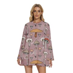 Mushrooms Autumn Fall Pattern Seamless Decorative Round Neck Long Sleeve Bohemian Style Chiffon Mini Dress by pakminggu