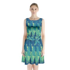 Christmas Trees Pattern Digital Paper Seamless Sleeveless Waist Tie Chiffon Dress