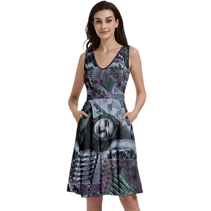 Cyberpunk Drama Sleeveless V-Neck Skater Dress with Pockets