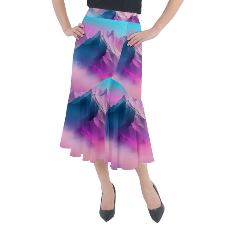 Landscape Mountain Colorful Nature Midi Mermaid Skirt