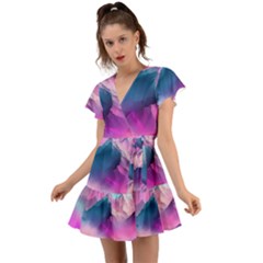 Landscape Mountain Colorful Nature Flutter Sleeve Wrap Dress by Ravend