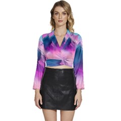 Landscape Mountain Colorful Nature Long Sleeve Tie Back Satin Wrap Top by Ravend