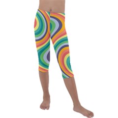 Swirl Twirl Rainbow Retro Kids  Lightweight Velour Capri Leggings  by Ravend