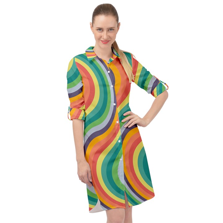 Swirl Twirl Rainbow Retro Long Sleeve Mini Shirt Dress