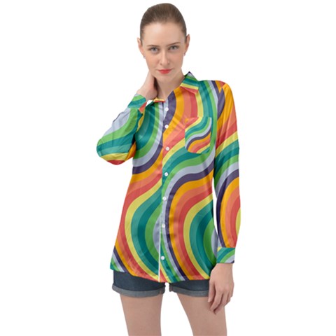 Swirl Twirl Rainbow Retro Long Sleeve Satin Shirt by Ravend