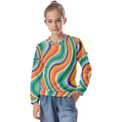 Swirl Twirl Rainbow Retro Kids  Long Sleeve Tee With Frill  by Ravend