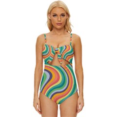 Swirl Twirl Rainbow Retro Knot Front One-piece Swimsuit by Ravend