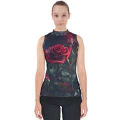 Rose Flower Plant Red Mock Neck Shell Top by Ravend