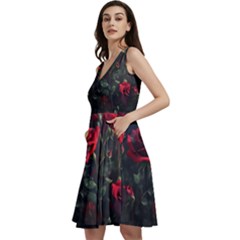 Rose Flower Plant Red Sleeveless V-neck Skater Dress With Pockets by Ravend