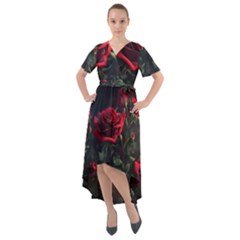 Rose Flower Plant Red Front Wrap High Low Dress by Ravend