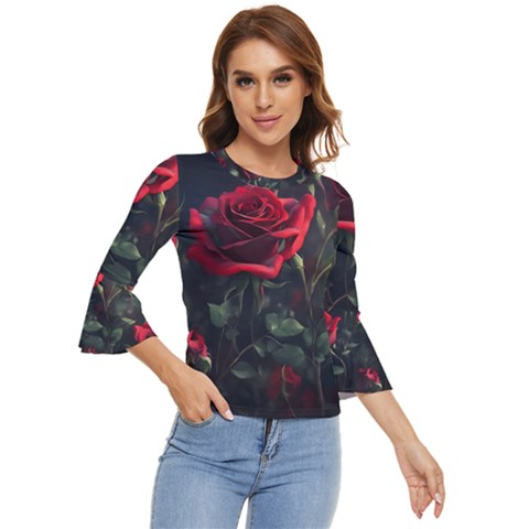 Rose Flower Plant Red Bell Sleeve Top by Ravend