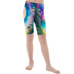 Jungle Moon Light Plants Space Kids  Mid Length Swim Shorts by Ravend