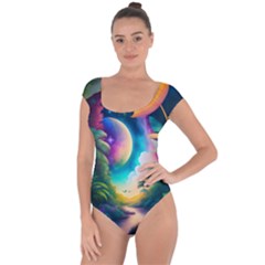 Jungle Moon Light Plants Space Short Sleeve Leotard  by Ravend