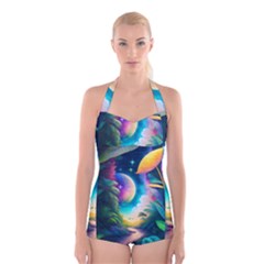 Jungle Moon Light Plants Space Boyleg Halter Swimsuit  by Ravend