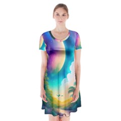 Jungle Moon Light Plants Space Short Sleeve V-neck Flare Dress by Ravend