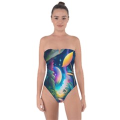 Jungle Moon Light Plants Space Tie Back One Piece Swimsuit by Ravend