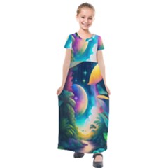 Jungle Moon Light Plants Space Kids  Short Sleeve Maxi Dress by Ravend