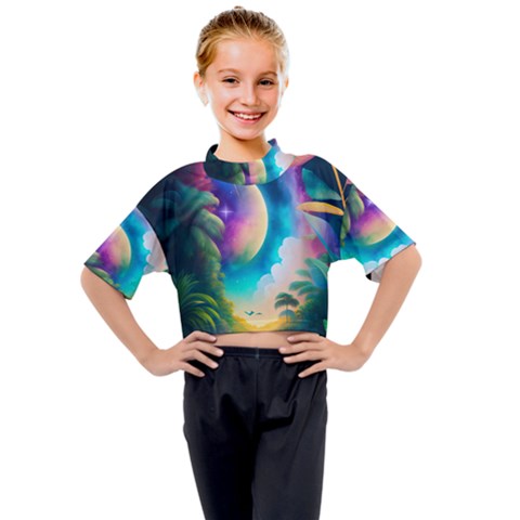 Jungle Moon Light Plants Space Kids Mock Neck Tee by Ravend