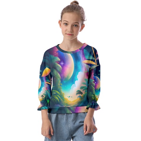 Jungle Moon Light Plants Space Kids  Cuff Sleeve Top by Ravend