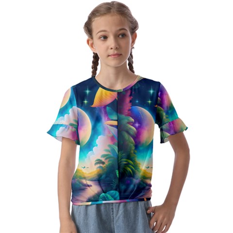 Jungle Moon Light Plants Space Kids  Cuff Sleeve Scrunch Bottom Tee by Ravend