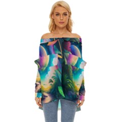 Jungle Moon Light Plants Space Off Shoulder Chiffon Pocket Shirt by Ravend