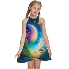 Jungle Moon Light Plants Space Kids  Halter Collar Waist Tie Chiffon Dress by Ravend