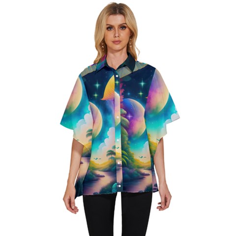 Jungle Moon Light Plants Space Women s Batwing Button Up Shirt by Ravend