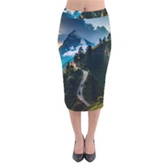 Nature Mountain Valley Velvet Midi Pencil Skirt by Ravend