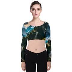 Nature Mountain Valley Velvet Long Sleeve Crop Top by Ravend