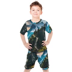 Nature Mountain Valley Kids  Tee And Shorts Set by Ravend