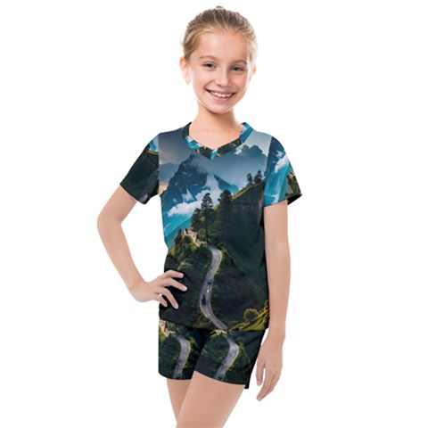 Nature Mountain Valley Kids  Mesh Tee And Shorts Set by Ravend