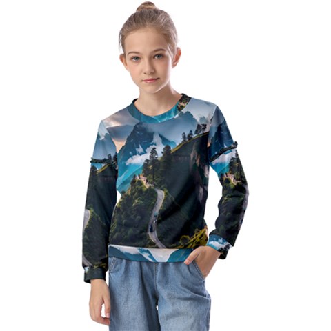 Nature Mountain Valley Kids  Long Sleeve Tee With Frill  by Ravend