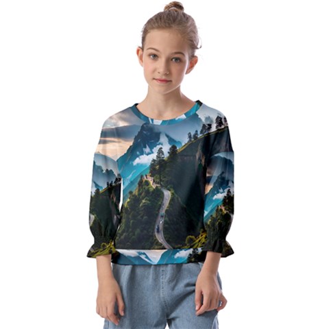 Nature Mountain Valley Kids  Cuff Sleeve Top by Ravend