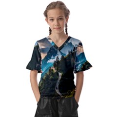 Nature Mountain Valley Kids  V-neck Horn Sleeve Blouse by Ravend