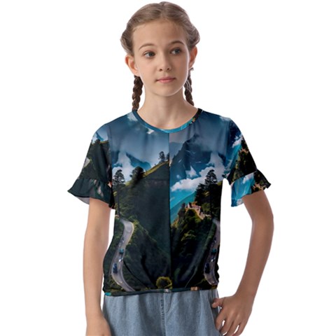 Nature Mountain Valley Kids  Cuff Sleeve Scrunch Bottom Tee by Ravend