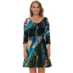 Nature Mountain Valley Shoulder Cut Out Zip Up Dress by Ravend