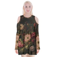 Flower Nature Background Bloom Velvet Long Sleeve Shoulder Cutout Dress