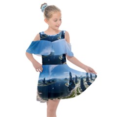 Futuristic City Fantasy Scifi Kids  Shoulder Cutout Chiffon Dress by Ravend