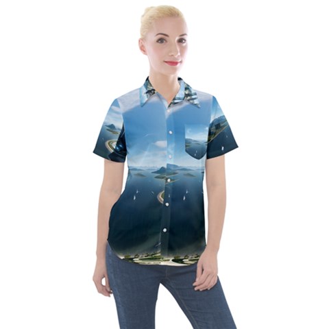 Futuristic City Fantasy Scifi Women s Short Sleeve Pocket Shirt by Ravend