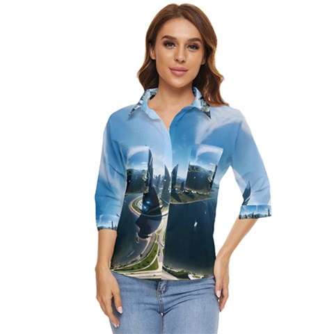 Futuristic City Fantasy Scifi Women s Quarter Sleeve Pocket Shirt by Ravend