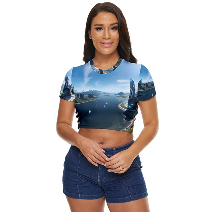 Futuristic City Fantasy Scifi Side Button Cropped Tee