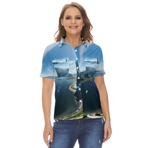 Futuristic City Fantasy Scifi Women s Short Sleeve Double Pocket Shirt by Ravend