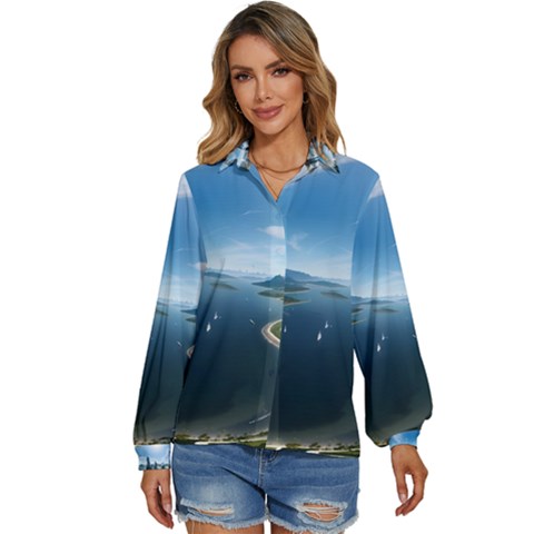 Futuristic City Fantasy Scifi Women s Long Sleeve Button Up Shirt by Ravend