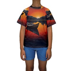 Boat Sunset Lake Water Nature Kids  Short Sleeve Swimwear by Ravend