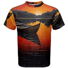 Boat Sunset Lake Water Nature Men s Cotton Tee by Ravend