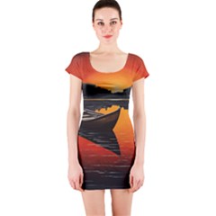 Boat Sunset Lake Water Nature Short Sleeve Bodycon Dress by Ravend