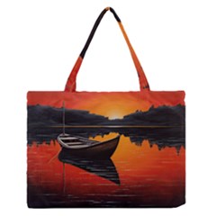 Boat Sunset Lake Water Nature Zipper Medium Tote Bag by Ravend