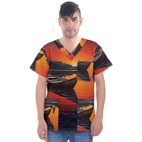 Boat Sunset Lake Water Nature Men s V-neck Scrub Top by Ravend