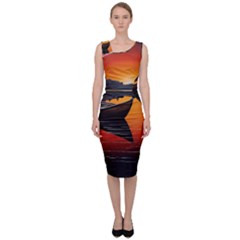 Boat Sunset Lake Water Nature Sleeveless Pencil Dress by Ravend