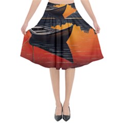 Boat Sunset Lake Water Nature Flared Midi Skirt by Ravend